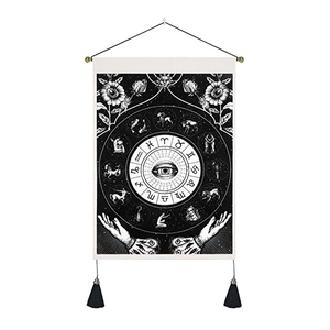 Bohemian wall tapestry with mystic eye and hand zodiac symbols and decorative tassels