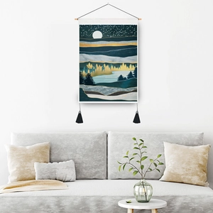 Modern Nordic mountain landscape tapestry with gold forest, moon, and black tassels