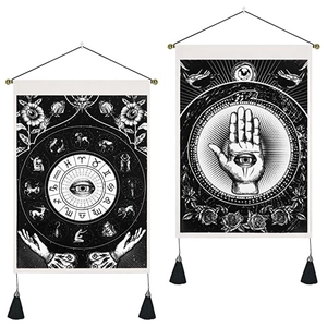 Bohemian tapestry set featuring mystic astrology wheel and Hamsa hand with double tassels