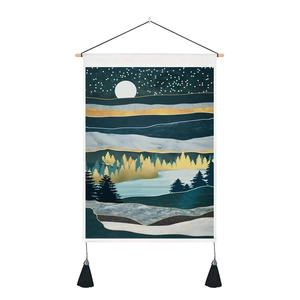 Landscape wall tapestry with abstract gold mountains and forest on white background