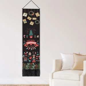 Nordic Christmas tapestry wall hanging with festive wreath and tree on black background