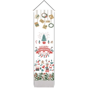 Vertical Christmas tapestry with festive tree and gift box designs and bottom tassels