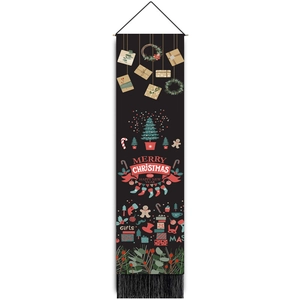 Vertical Merry Christmas wall tapestry with hanging rod and black tassels decoration