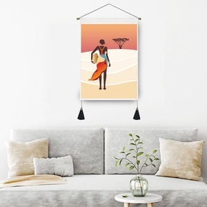 African woman canvas tapestry with sunset landscape and tassels for modern wall decor