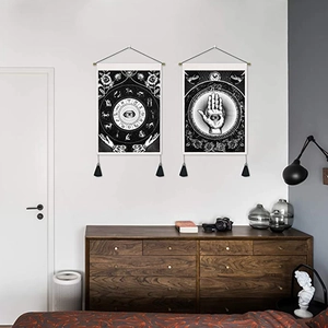 Mystical Black And White Wall Tapestry Fabric Hamsa Hand Zodiac Design Bohemian Home Decor With Wood Pole And Tassels