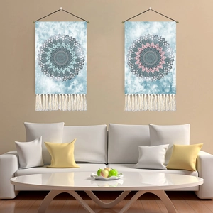 Bohemian Mandala Tapestry Wall Hanging Tie-Dye Polyester Cotton With Tassels And Hanging Pole For Living Room Bedroom