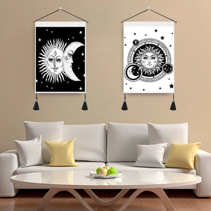 Sun Moon Astrology Wall Hanging Tapestry Bohemian Mystic Art Decor With Tassels And Hanging Rod Polyester Cotton