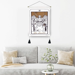 Tarot Lovers card tapestry with wood pole and black tassels for home wall decor