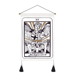 Detail view of Tarot Judgement tapestry with black tassels and golden rod ends