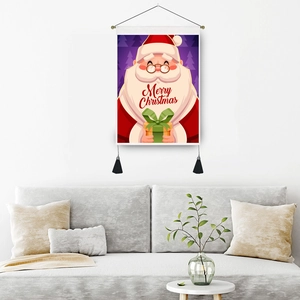 Vertical Christmas wall tapestry featuring Santa Claus with gift box and black tassels