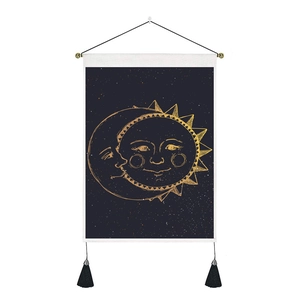 Bohemian sun and moon celestial tapestry with black tassels for home wall decor