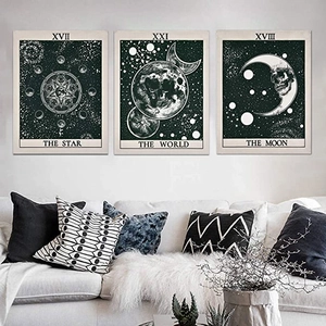3-piece Bohemian sun and moon wall tapestries featuring tarot art over a modern sofa
