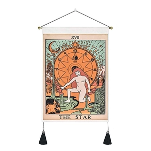 Tenture murale Tarot The Star style bohème avec pompons noirs et barre de suspension
