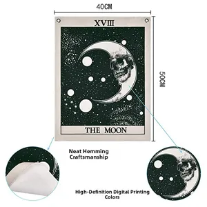 Detail of Moon tarot tapestry showing neat hemmed edges and HD digital printing quality