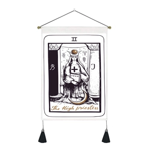 The High Priestess tarot card tapestry wall hanging with black tassels and metal rod