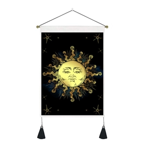 Japanese style sun and star tapestry hanging with golden rod and black fringe tassels