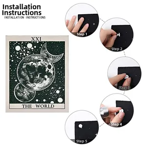 Detail of The World tarot tapestry showing moon motifs and wall mounting hardware set