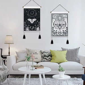 Mystical Moth Moon Phase Wall Hanging Tapestry Scroll With Tassels Bohemian Black White Art For Bedroom Living Room Decor