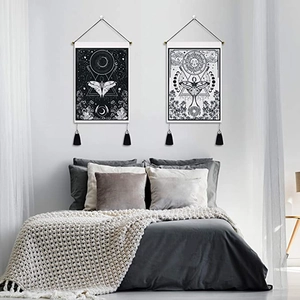 Pair of moth and moon aesthetic tapestries with black tassels for bedroom wall decor