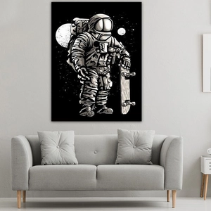 Astronaut skateboarding wall tapestry minimalist black and white space art for home decor