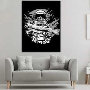 Detail of modern black and white canvas art featuring an astronaut skull and fish