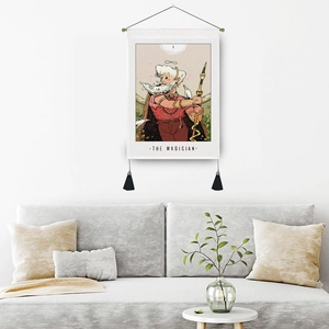 Tenture murale Bohème Tarot Le Magicien avec pompons noirs pour décor moderne
