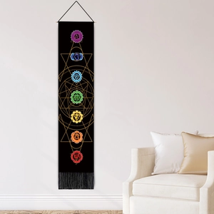 Vertical black chakra tapestry with colorful symbols and elegant tassels for wall decor