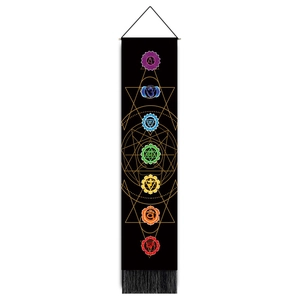 Bohemian black 7 chakras tapestry with sacred geometry patterns and black fringes