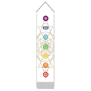 Bohemian Seven Chakras wall tapestry with sacred geometry symbols and grey tassels