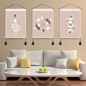 Bohemian Wall Tapestry Hanging Moon Phases Snake Koi Fish Mystical Art Decor With Cotton Polyester Fabric Wooden Pole And Black Tassels
