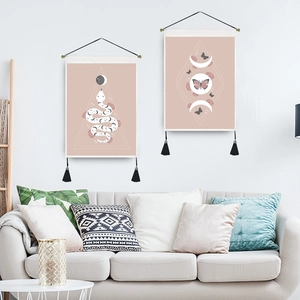 Bohemian moon and snake wall hanging tapestry set with black tassels for living room decor