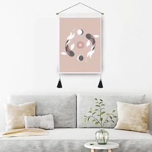 Bohemian moon and koi fish wall tapestry with celestial patterns for home decor