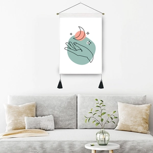 Minimalist abstract line art wall tapestry featuring hand holding moon and stars
