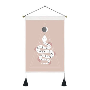 Mystical snake and moon tapestry with pink floral design, rod and tassels included