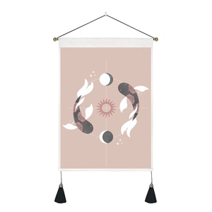 Minimalist Pisces koi fish tapestry with moon phases and sun in soft pink aesthetic