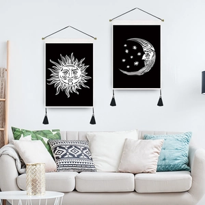Bohemian tarot style wall tapestry set featuring celestial sun and moon patterns