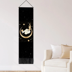 Bohemian moon and star girl tapestry wall hanging with black tassels for home decor