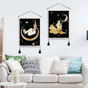 Moon and girl celestial wall art tapestry set with black tassels and hanging rods