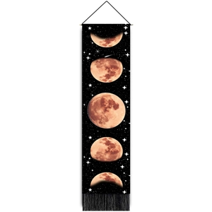 Vertical moon phase wall tapestry with black background and tassels for home decor