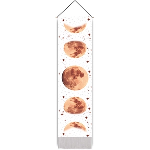 Vertical moon phase floral tapestry with white fringe and wooden rod for wall decor
