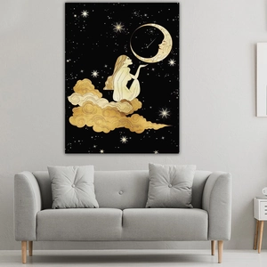 Nordic abstract art tapestry with gold moon and figure on black backdrop for home decor