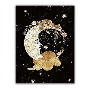 Nordic abstract moon and moth wall tapestry with floral details and mystical golden stars