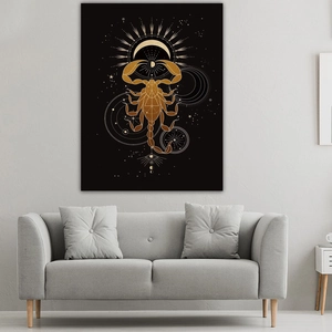 Detailed close-up of a black and gold Scorpio zodiac tapestry with geometric patterns