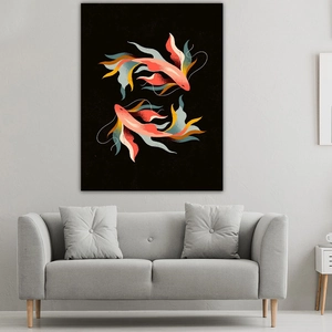 Artistic detail of abstract fish tapestry showing texture and vibrant colors on a gray wall