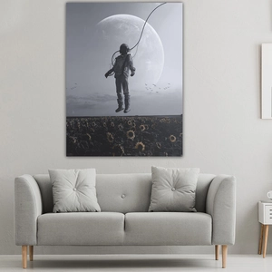Detail showing an astronaut over sunflower field printed on a wall hanging tapestry
