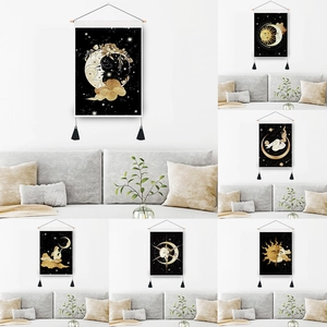Celestial Moon Goddess Wall Tapestry Bohemian Starry Sky Hanging Decor With Tassels And Wood Rod Polyester Cotton