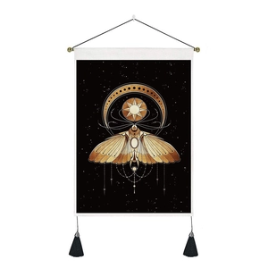 Mystical moon and girl wall tapestry with celestial moth design and hanging tassels