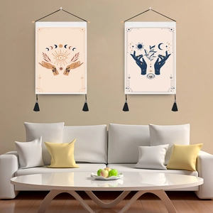 Bohemian Tarot Mystical Wall Tapestry With Wooden Rod Tassels Moon Sun Eye Hand Pattern Polycotton Fabric Wall Art Decor For Living Room