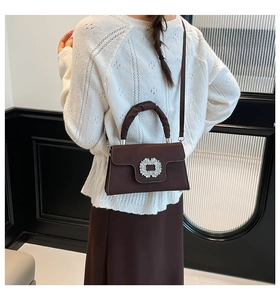 Detail of dark brown handbag with rhinestone buckle worn by a model in a modern room
