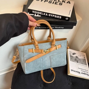 Retro Tote Crossbody Bag Women PU Leather Denim Texture Shoulder Bag Dual Handles Front Pockets Metal Buckles Chic Casual